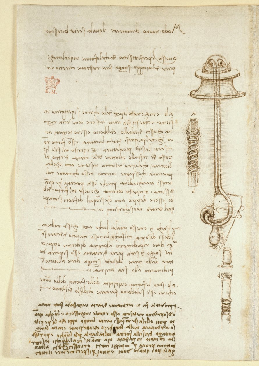 Arundel 263, f.24v Poznámky a náčrtky ilustrující Leonardovu studii dýchacího přístroje pro potápěče (1508), z 