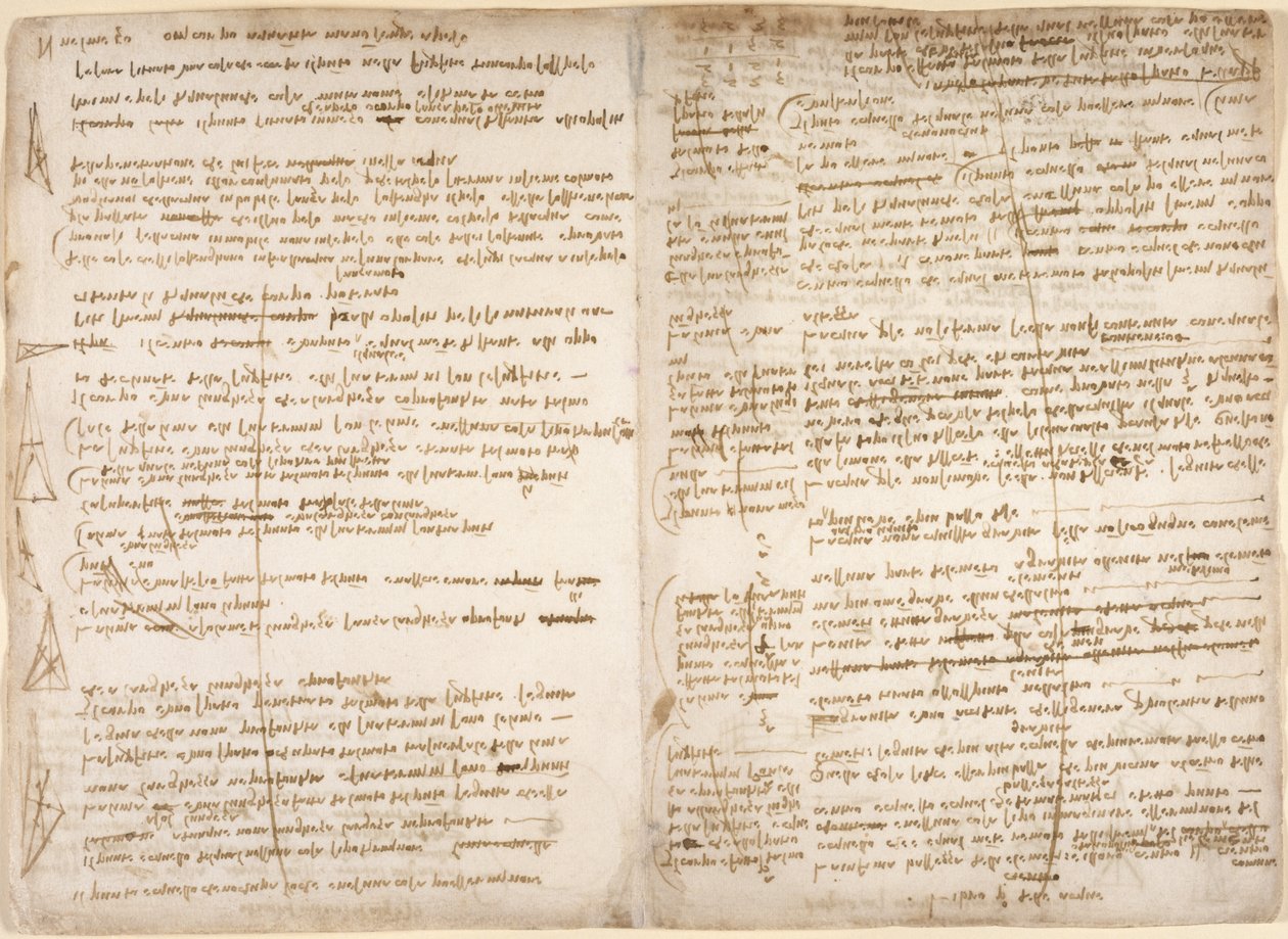 Arundel 263, f.267v, f.266, Poznámky a diagramy k matematické definici bodu, čáry a plochy pro „První knihu o vodě“ („Libro primo delle acque“) (vzhůru nohama), z „Codexu Arundel