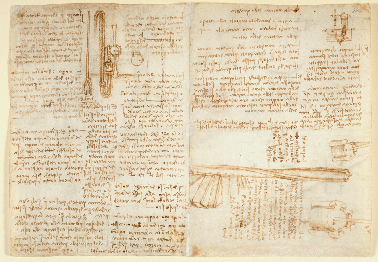 Arundel 263 f.269v, f.264 Notes and sketch on an hydraulic device, from 