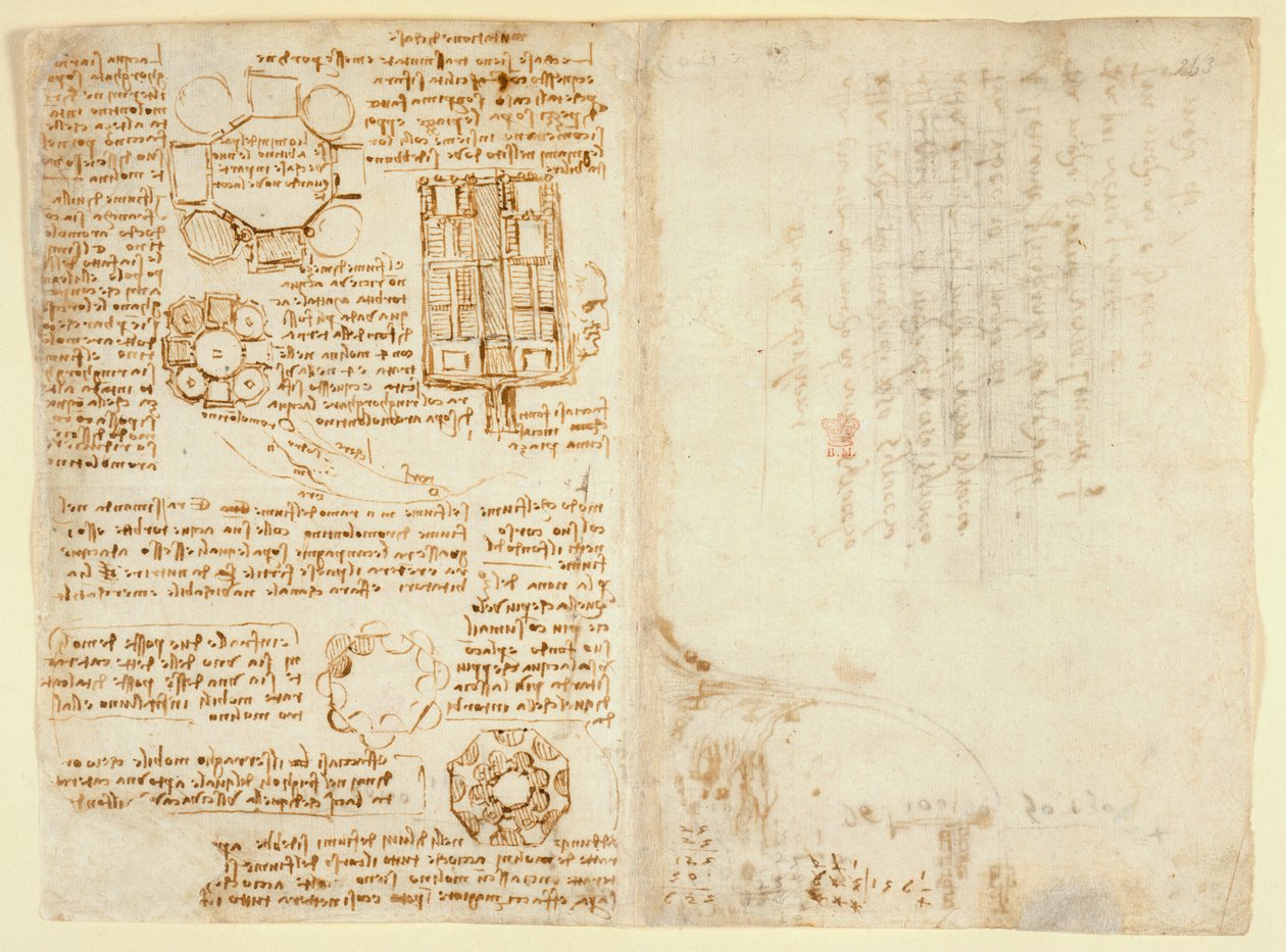 Arundel 263 f.270v, f.263, Kresby Leonarda Da Vinici na téma mechanických sil a sil, perkuse, gravitace, pohybu, optiky a astronomie, s různými aritmetickými a geometrickými návrhy (pero a inkoust na papíře) od Leonardo da Vinci