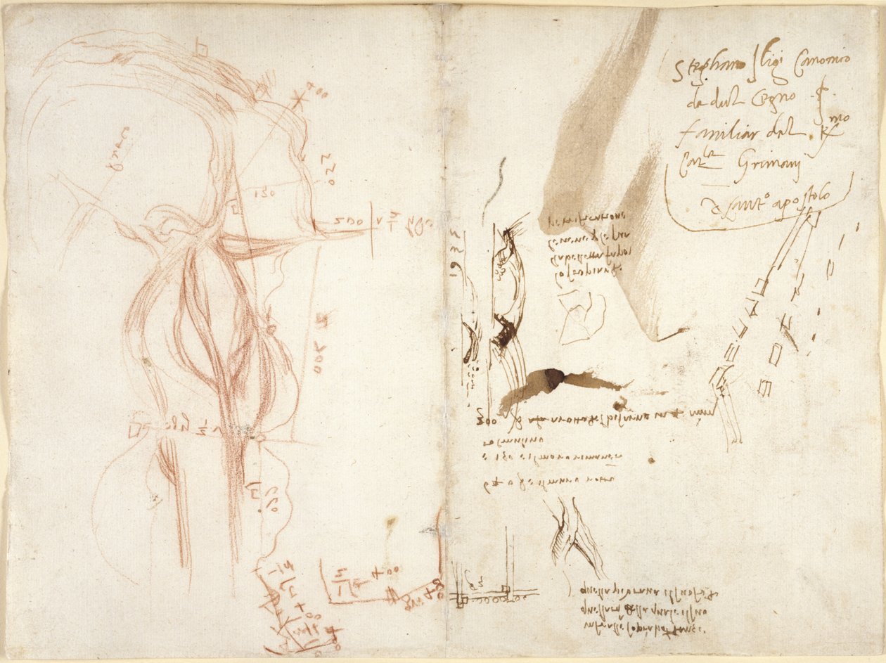 Arundel 263, f.275v, f.274 Planimetrický náčrt řeky Arno; poznámky o vzdálenostech a směrech od Leonardo da Vinci