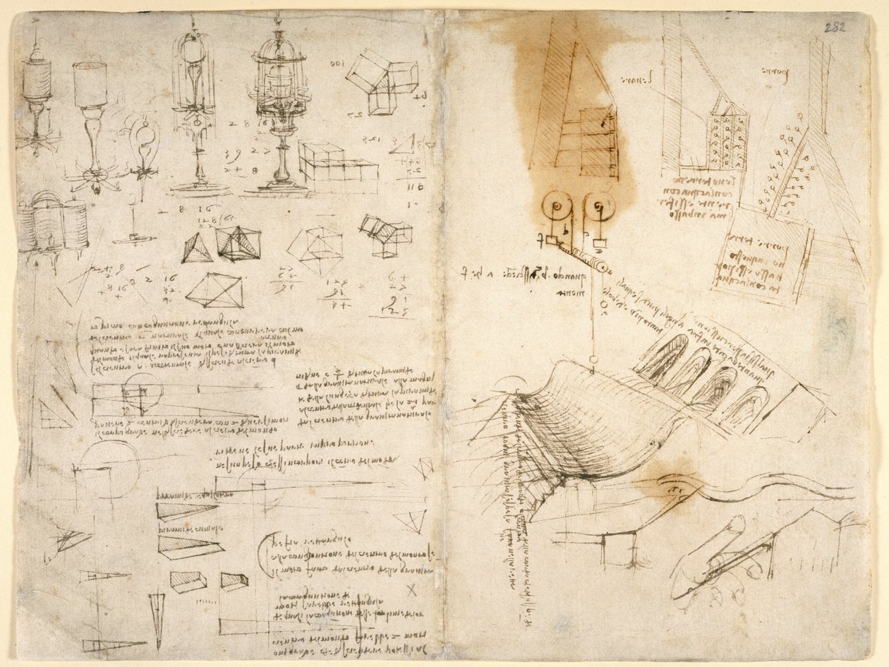 Arundel 263, f.283v, f.282 Náčrtky sklopných lamp; poznámky k mechanice; matematické výpočty; geometrické náčrty (pero a inkoust na papíře) od Leonardo da Vinci