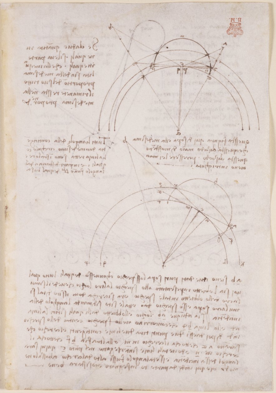 Arundel 263, f.28 Poznámky a geometrická schémata na optice, odkazující na Alhazenův problém od Leonardo da Vinci