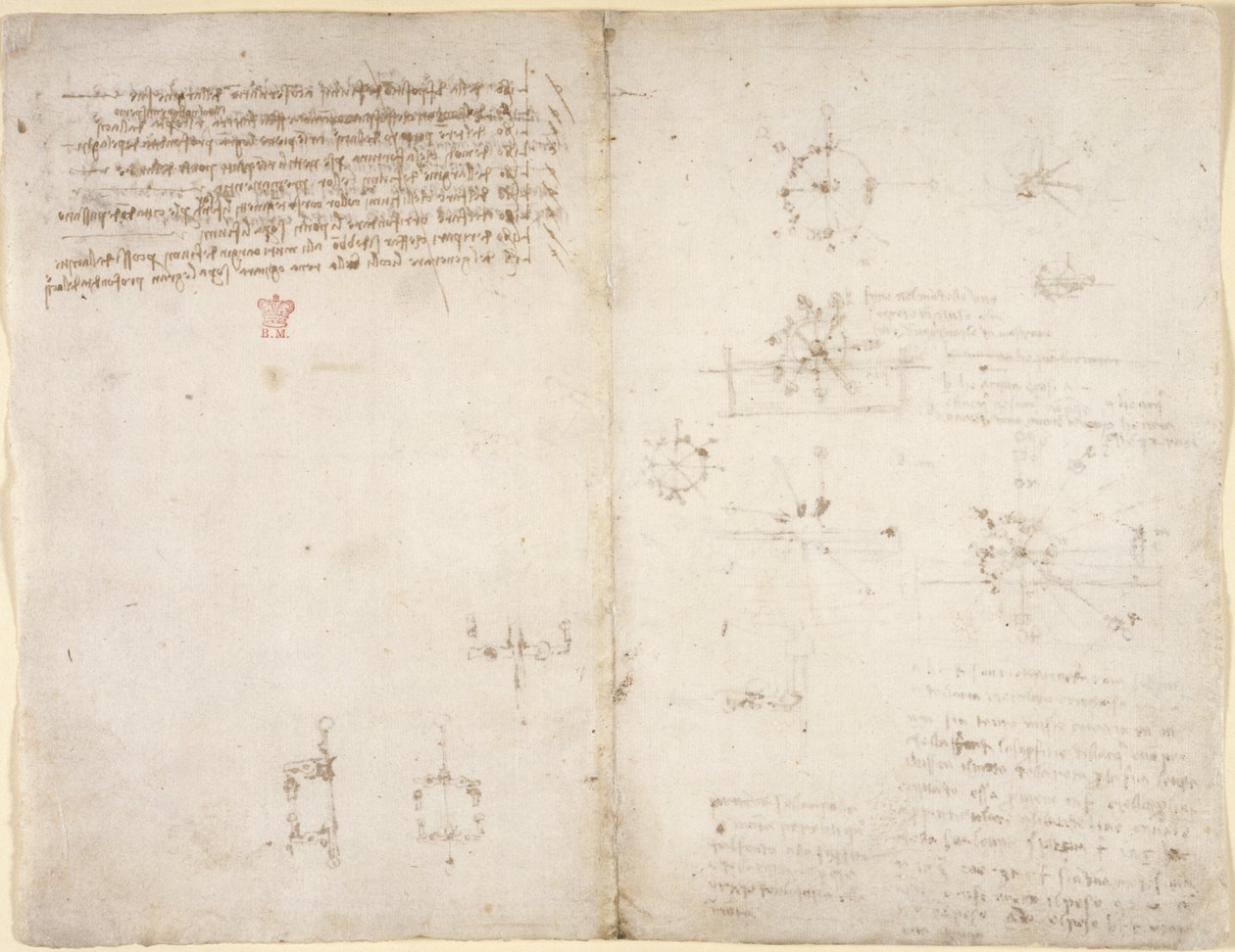 Arundel 263, f.35v, f.34 Nákresy mechanických sil a sil, perkuse, gravitace, pohybu, optiky a astronomie, s různými aritmetickými a geometrickými návrhy. od Leonardo da Vinci