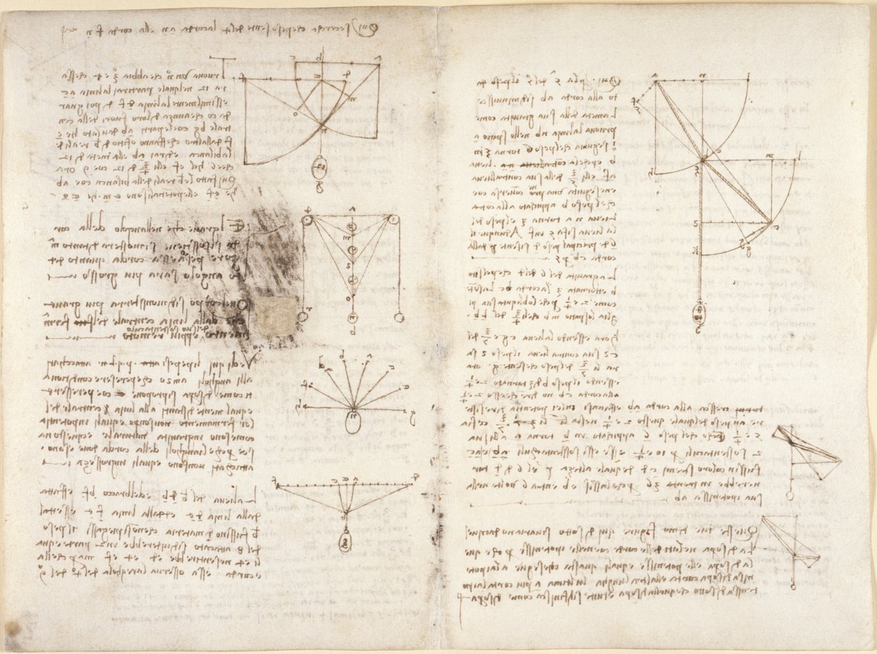 Arundel 263, f.3v, f.12 Poznámky a schémata mechaniky od Leonardo da Vinci