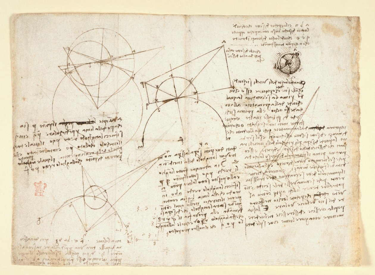 Arundel 263, f.64v Zadní strana jednoho velkého listu, dříve vázaného podél pravého okraje a složeného do sešitu. Poznámky a diagramy o optice, týkající se Alhazenova problému; schematický náčrt oční bulvy doplněný poznámkami týkajícími se L od Leonardo da Vinci