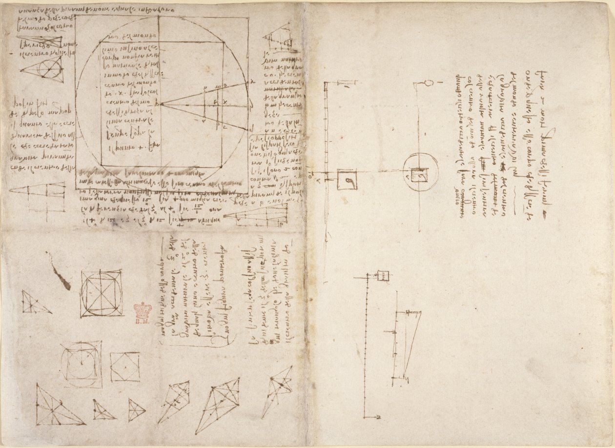 Arundel 263, f.72v, f.69 Poznámky a diagramy mechaniky a těžiště, z 