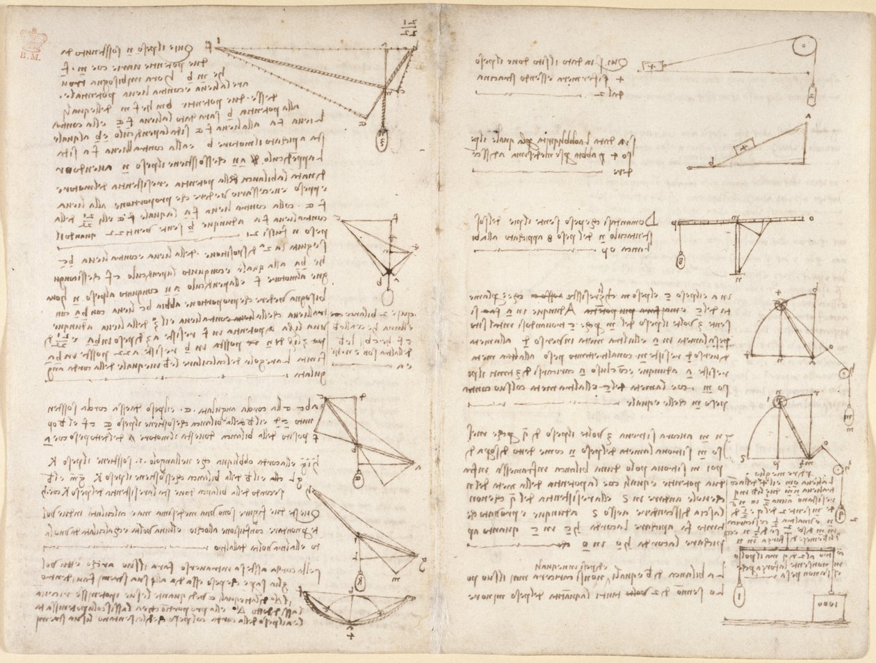 Arundel 263, f.7v, f.8 Poznámky a schémata mechaniky od Leonardo da Vinci