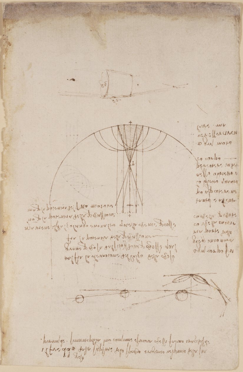 Arundel 263, f.85 Schémata optiky, týkající se žíravin odrazu; poznámka a náčrt mechaniky, týkající se síly perkusí a s odkazy na aristotelský princip „ogni attione facta dalla natura è facta nel più brieve modo“, c od Leonardo da Vinci