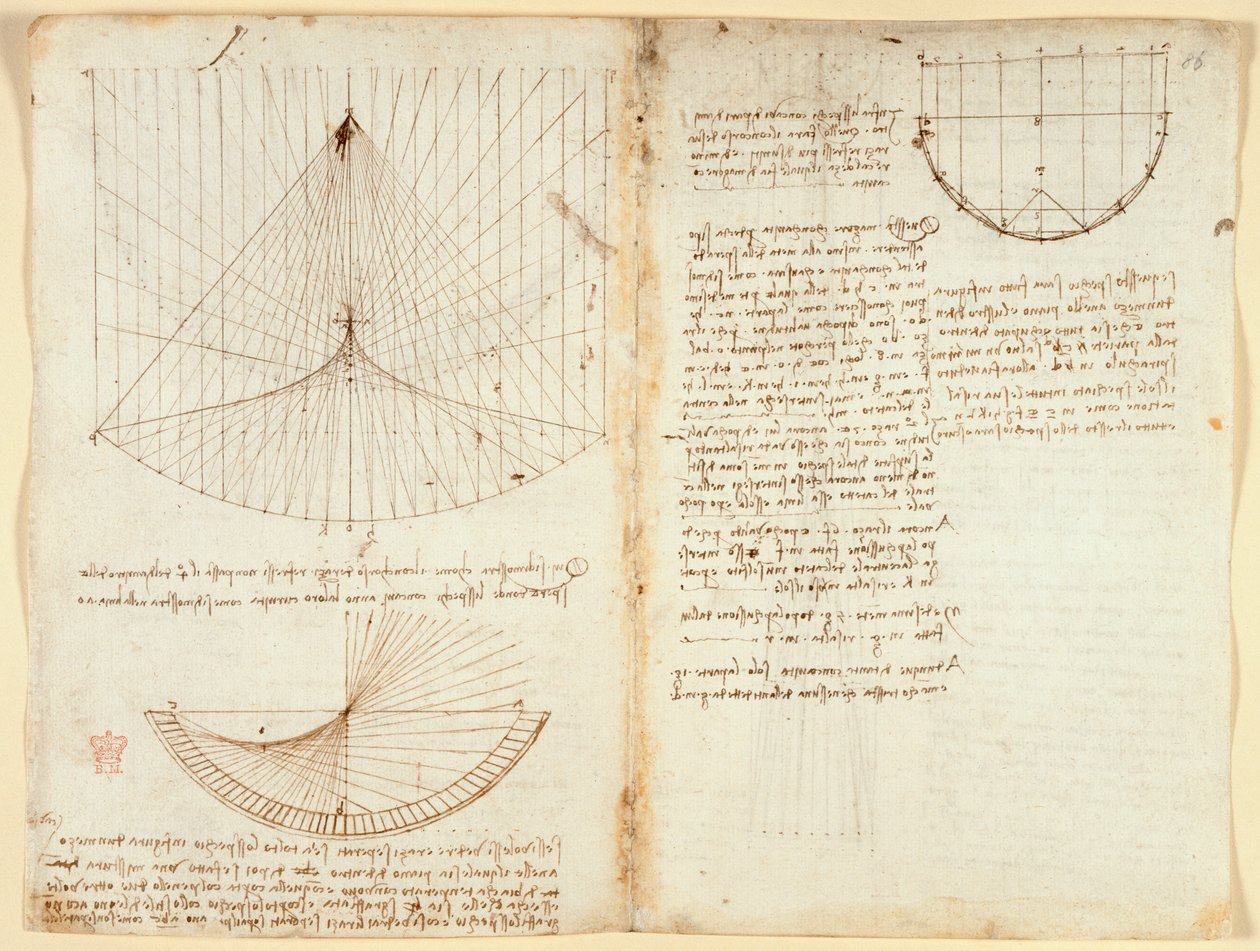 Arundel 263 f.87v, f.86 Poznámky a schéma k optice, týkající se žíravin odrazu, c.1503-5 (pero a inkoust na papíře) od Leonardo da Vinci