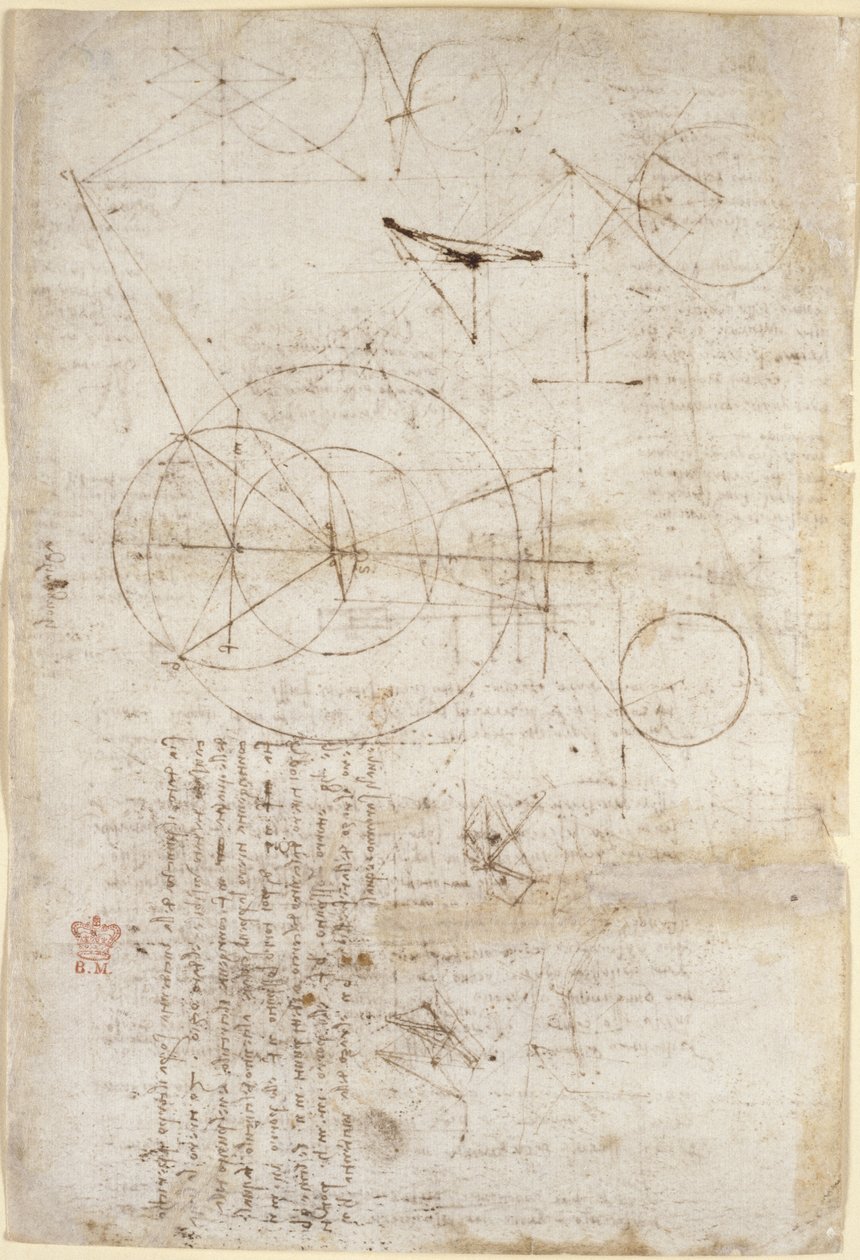 Arundel 263, f.95v Poznámky a diagramy o optice, týkající se Alhazenova problému; dva náčrty představující mřížové struktury, z 