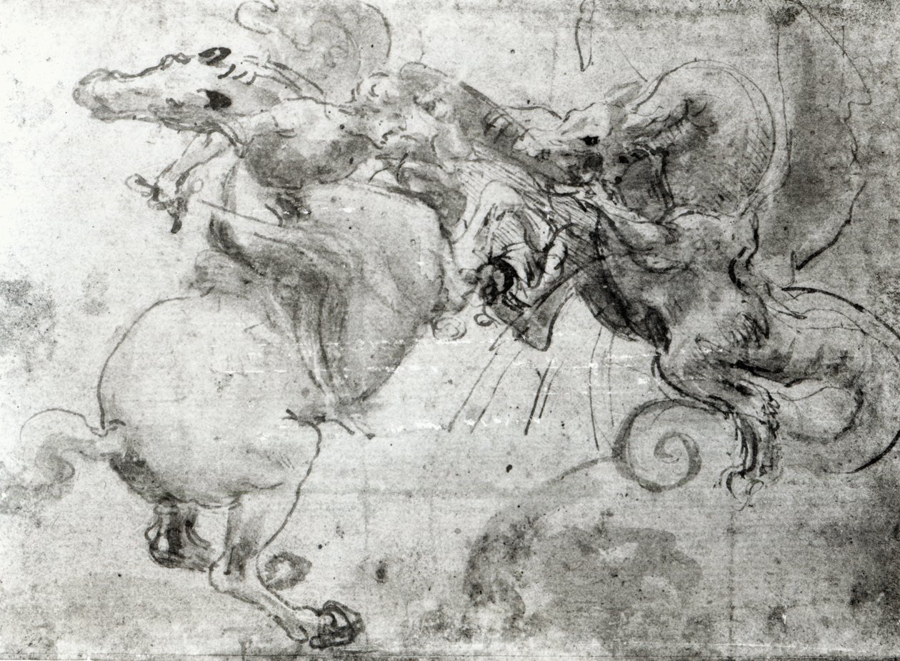 Bitva mezi jezdcem a drakem, cca 1482 (podkresba stylusem, pero a štětec na papíře) od Leonardo da Vinci