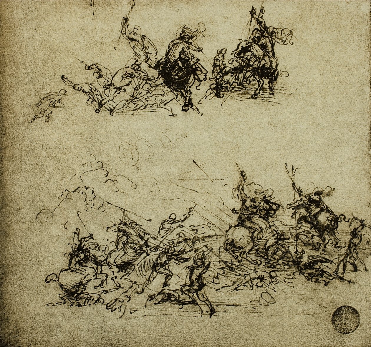 Bitevní scéna; kresba Leonarda da Vinciho. Gallerie dell