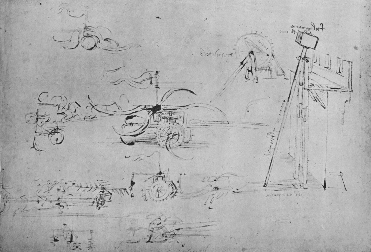 Vozy vyzbrojené kosami a cepy a Jezdec se třemi kopími, c1480, 1945 od Leonardo da Vinci
