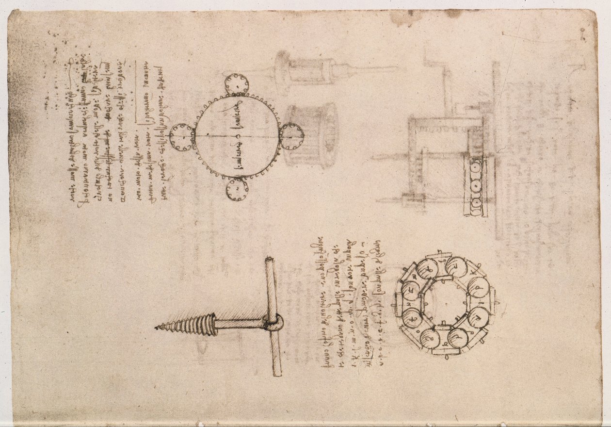 Codex Madrid I f.20, studium mechaniky od Leonardo da Vinci