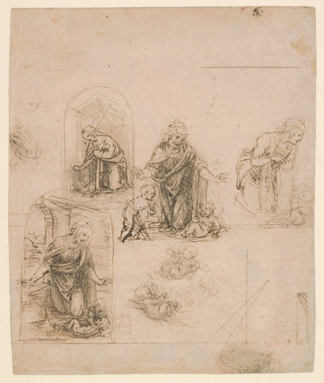 Kompoziční skici pro Pannu adorující Ježíška, 1480-85 (stříbrná jehla) od Leonardo da Vinci