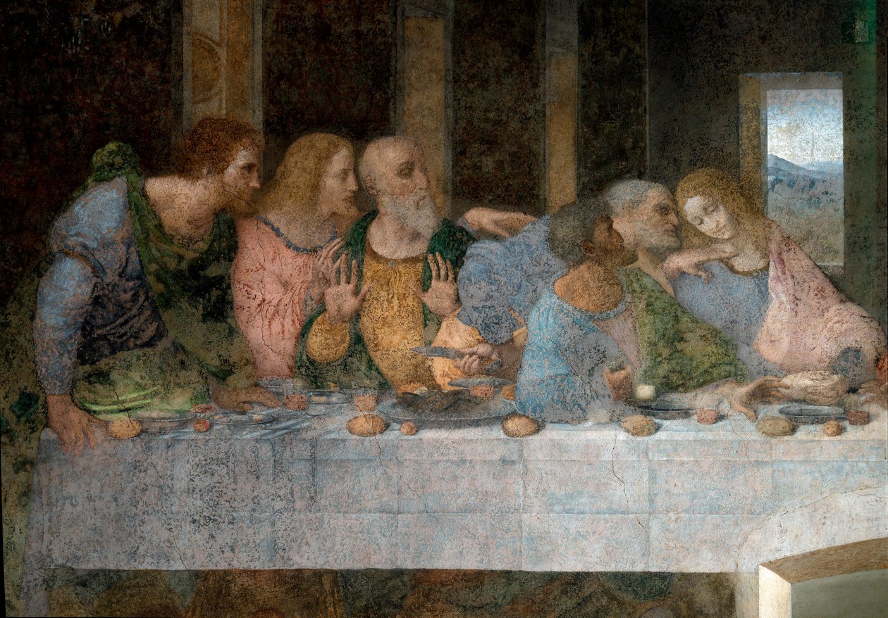 Detail La Cene (Il Cenacolo (Ultima Cena)) představující zleva doprava apoštola svatého Bartoloměje, Jakuba, syna Alphee, Andreho, Jidáše, Petra a Jana. 1495 - 1498. Freska od Leonarda da Vinciho (Leonardo da Vinci). Refektář Santa Maria delle gra od Leonardo da Vinci