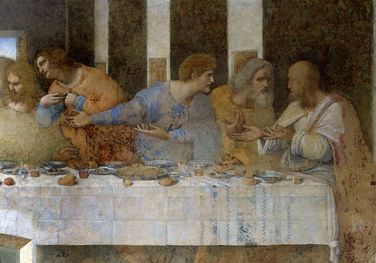 Detail La Večeře (Il Cenacolo (Poslední večeře)) představující zleva doprava apoštoly Tomáše, Jakuba Většího, Filipa, Matouše, Jidáše Tadeáše a Šimona Zélóta. 1495 - 1498. Freska od Leonarda da Vinciho. Refektář Panny Marie od Leonardo da Vinci
