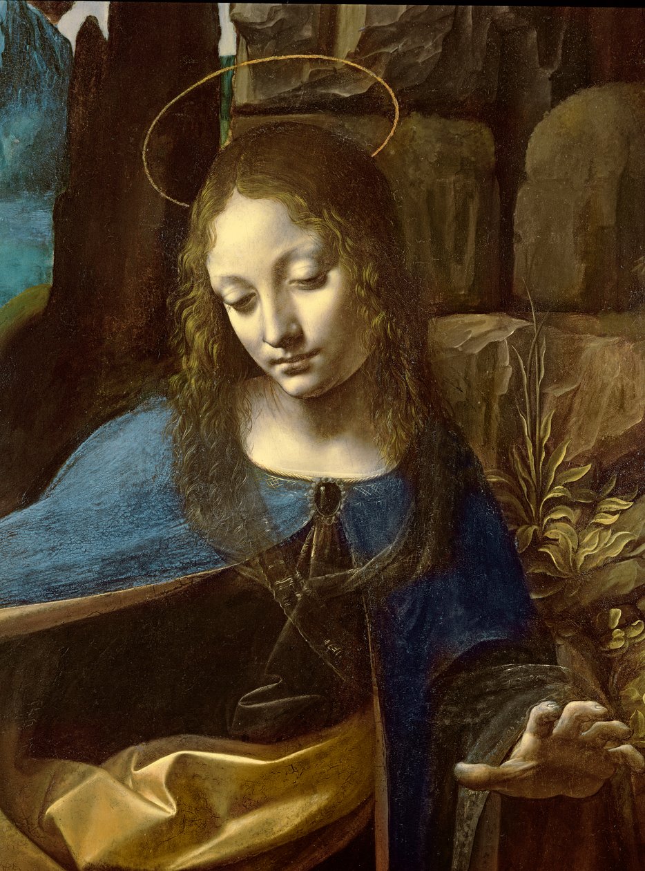 Detail hlavy Panny Marie, z obrazu Panna Marie ve skalách (Panna Marie s nemluvnětem Svatý Jan adoruje malého Krista v doprovodu anděla), detail, kolem 1508 od Leonardo da Vinci