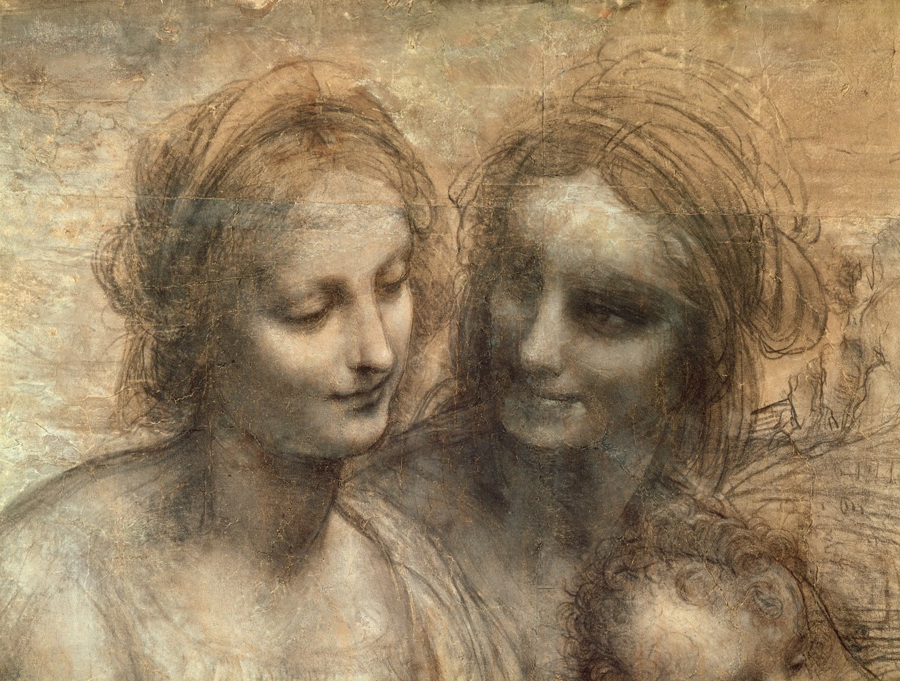 Detail hlav Panny Marie a sv. Anny, od Panny Marie s dítětem se sv. Anny a Jana Křtitele, kolem roku 1499 (uhl a bílá křída na papíře, připevněno na plátně) od Leonardo da Vinci