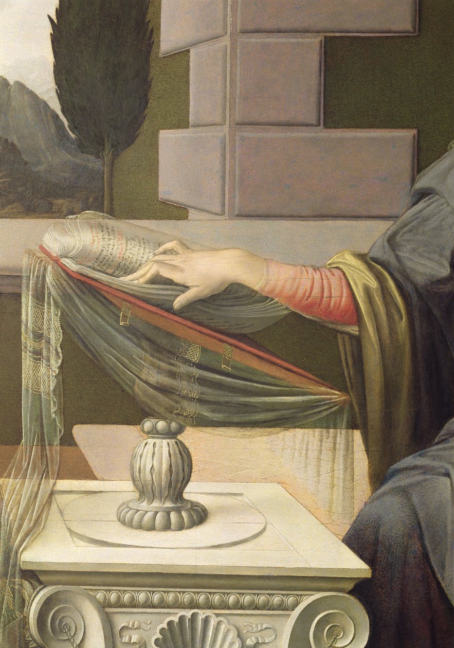 Detail Panny Marie ze Zvěstování, 1472-75 olej na desce po restaurování od Leonardo da Vinci