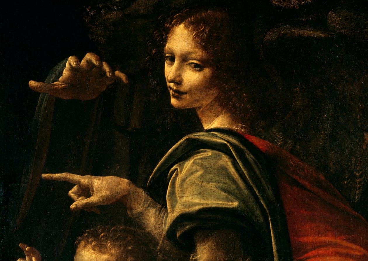 Detail Panny Marie se skalami, svatý Jan Křtitel ukazující prst a ruka Panny Marie od Leonardo da Vinci