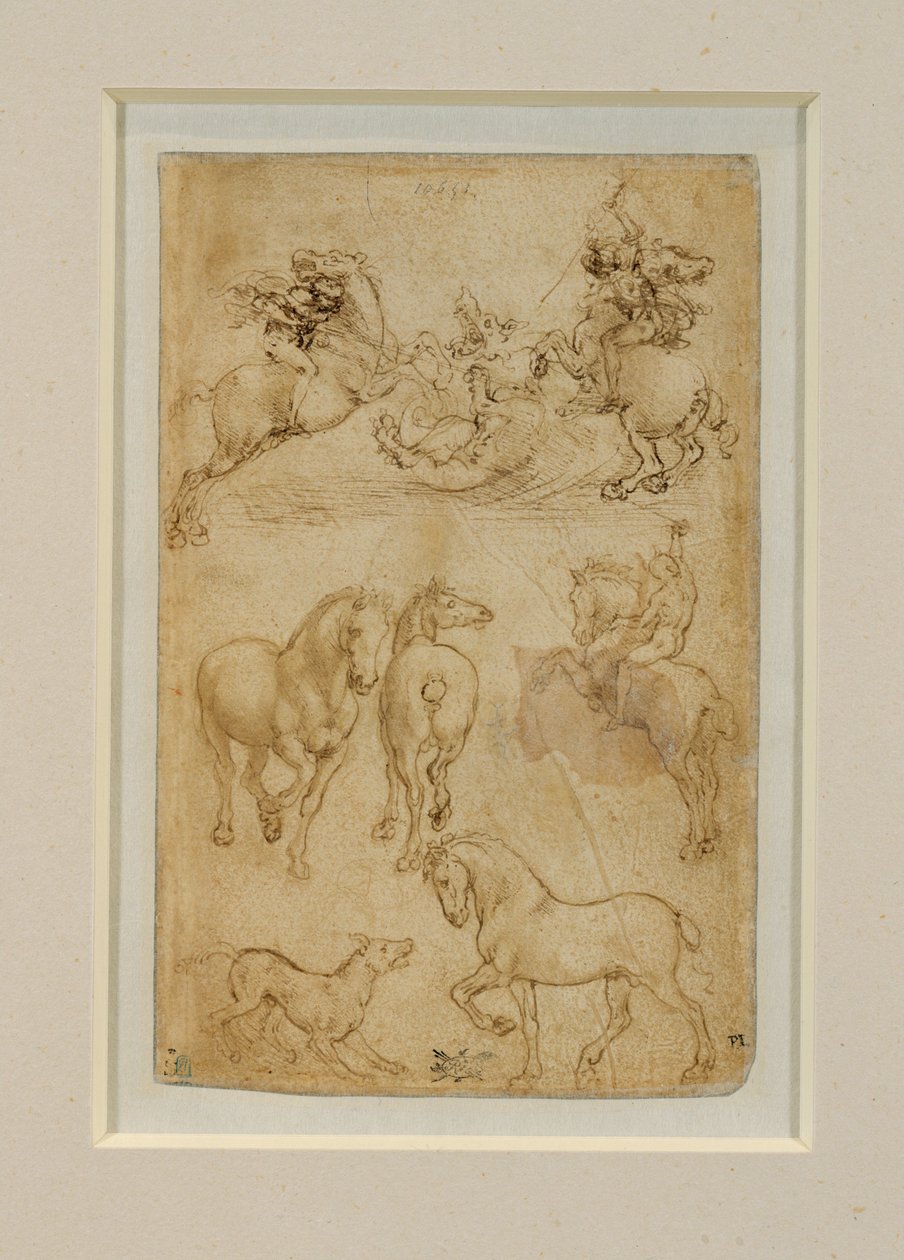 Dva jezdci bojující s drakem; jezdec a dva koně; pes a kůň... od Leonardo da Vinci