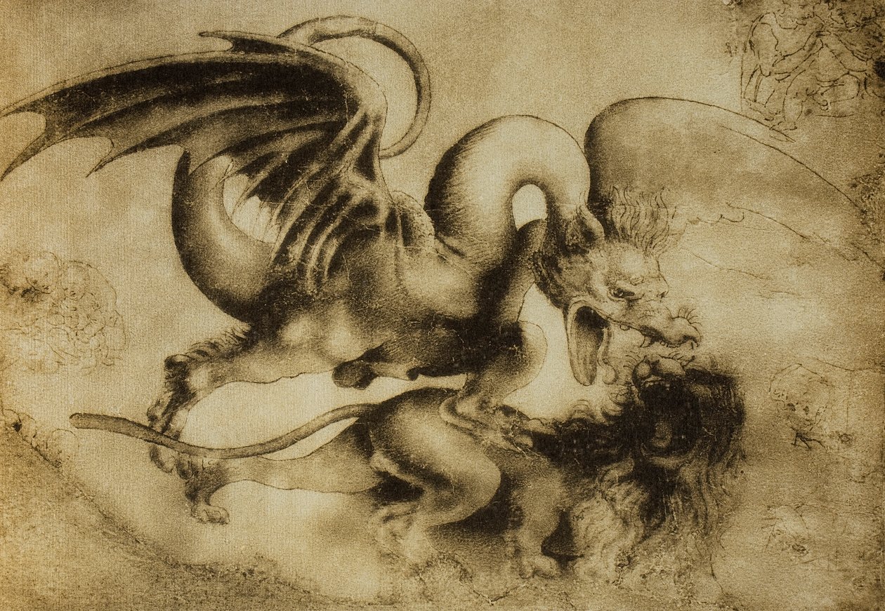 Drak zabíjející lva, kresba Leonardo da Vinci. Kabinet kreseb a tisků, Galerie Uffizi, Florencie od Leonardo da Vinci
