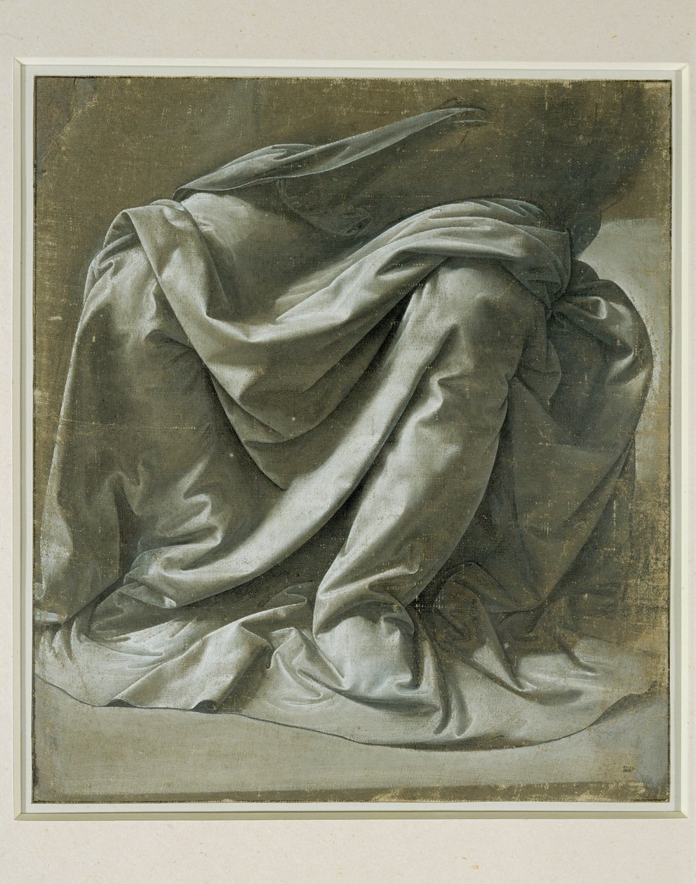 Drapérie pro sedící postavu, štětec a šedá tempera, bílé odlesky na šedém preparovaném lněném plátně ... od Leonardo da Vinci