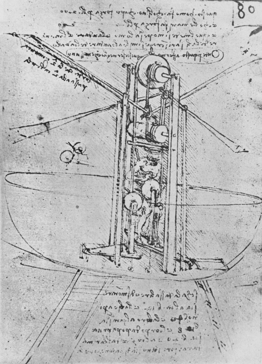 Kresba létajícího stroje s člověkem, který jej obsluhuje, c1480 1945 od Leonardo da Vinci