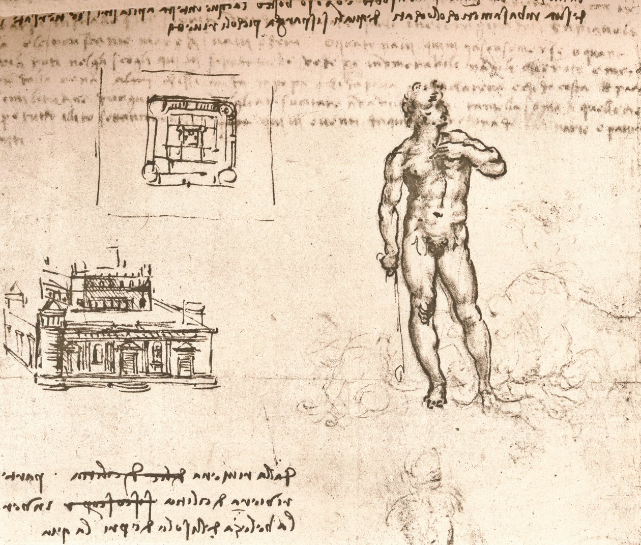 Kresba plánů hradu a nahé postavy, vymytá tuší, c1472-c1519 1883 od Leonardo da Vinci