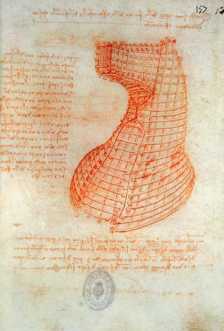 Kresba odlévací formy pro hlavu koně Sforzy, Fol. 57 (recto), z Madridského kodexu I, asi 1491-93 (perem a hnědou tuší na papíře) od Leonardo da Vinci