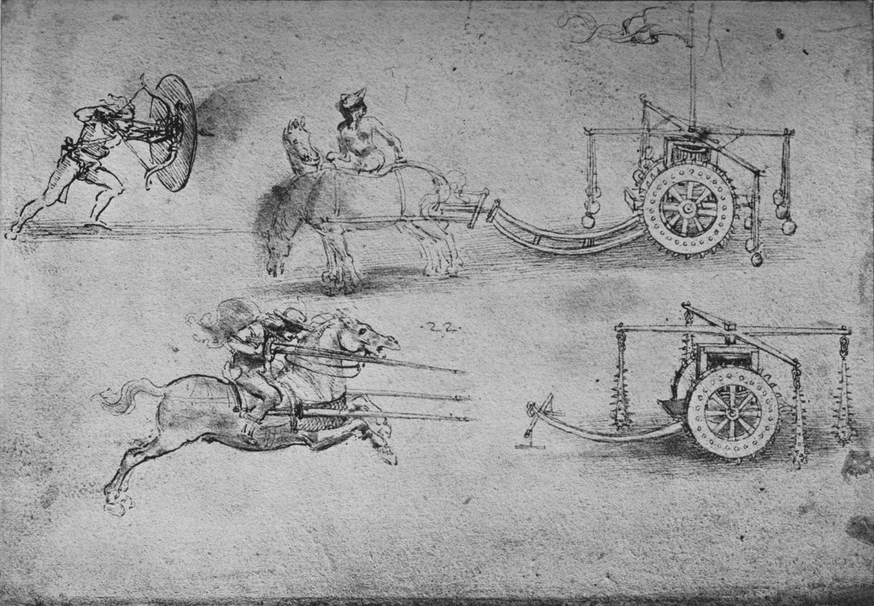 Kresby vozů vyzbrojených cepy, lučištníka se štítem, c1480, 1945 od Leonardo da Vinci