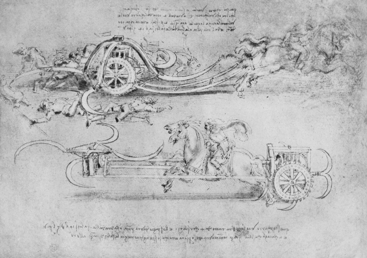 Nákresy dvou typů vozu vyzbrojeného kosami, c1480 1945 od Leonardo da Vinci