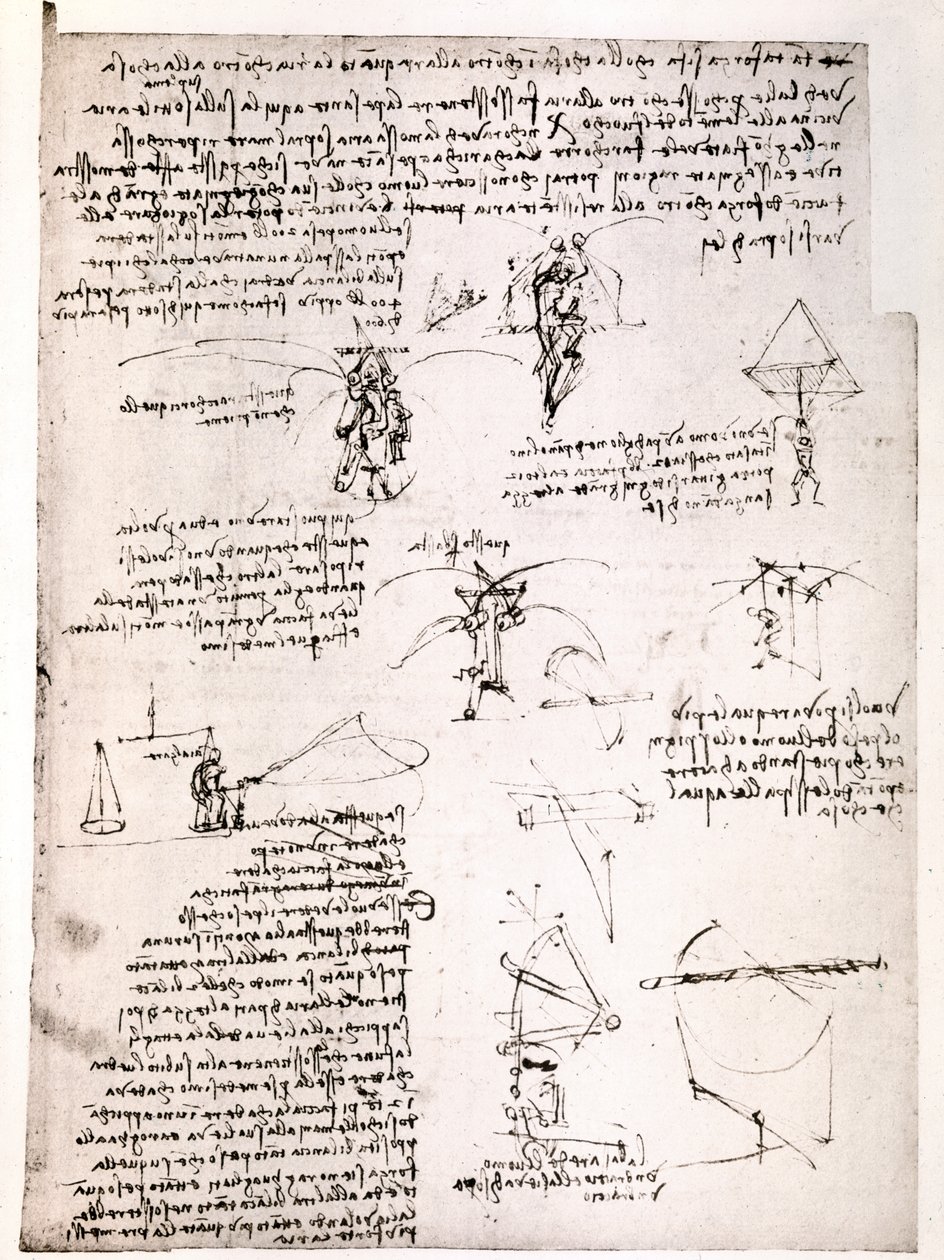 Výňatek z Da Vinciho rukopisu: Původní rukopis popisující princip a konstrukci "padáku" (rukopis) od Leonardo da Vinci