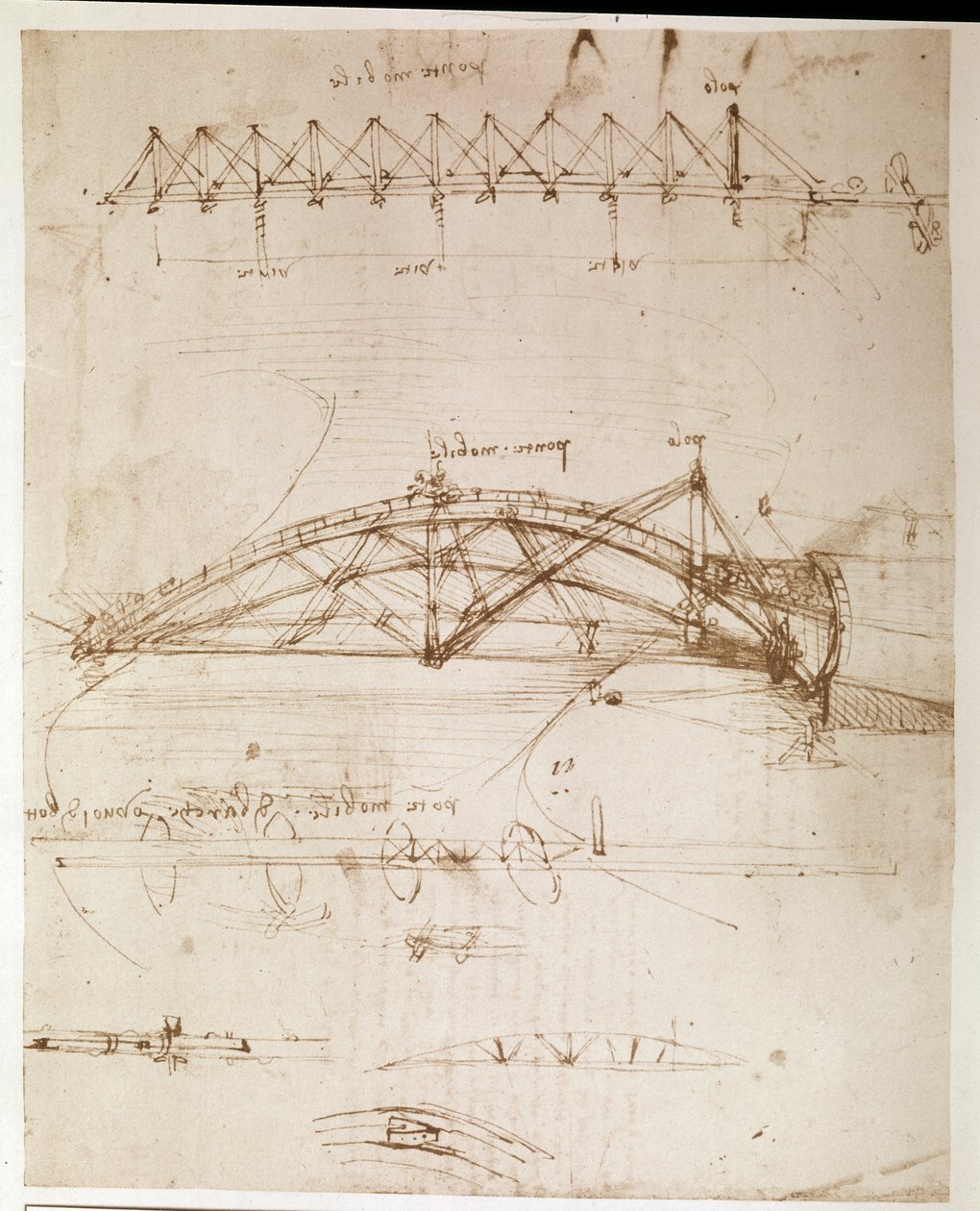 Výňatek z Da Vinciho rukopisu popisující konstrukci "otáčivého mostu" (rukopis) od Leonardo da Vinci