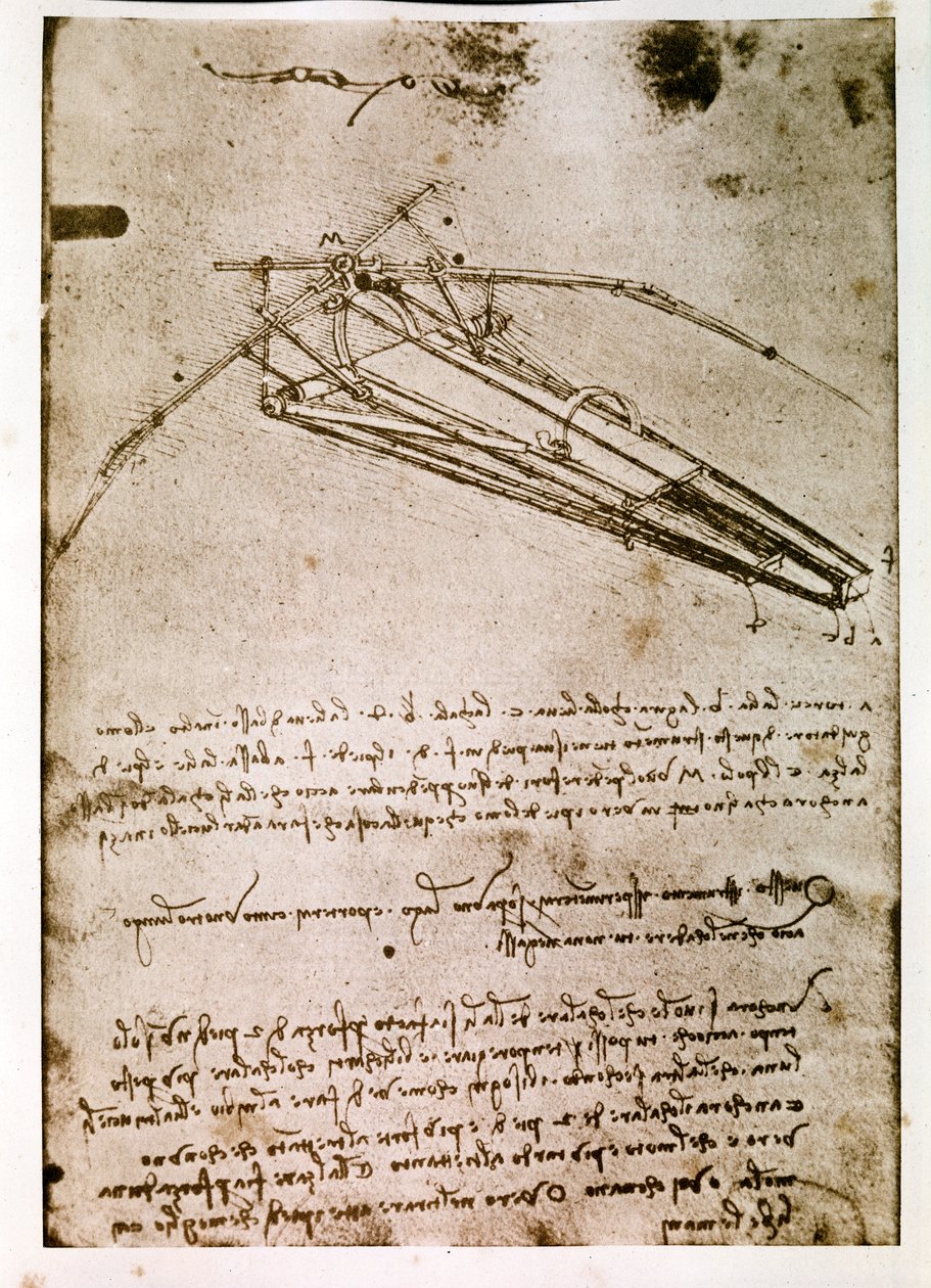 Výňatek z Da Vinciho rukopisu popisující princip a konstrukci "létajícího stroje" (rukopis) od Leonardo da Vinci