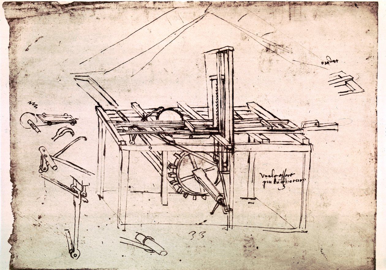 Výňatek z Da Vinciho rukopisu popisující princip a konstrukci "Hydraulické pily s automatickým posuvem" (rukopis) od Leonardo da Vinci