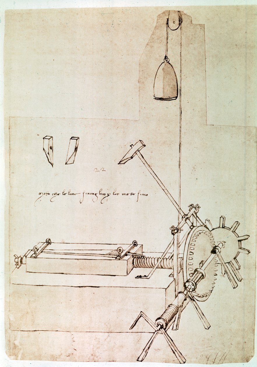 Výňatek z Da Vinciho rukopisu popisující princip a konstrukci "stroje na vykrajování pilníků" (rukopis) od Leonardo da Vinci