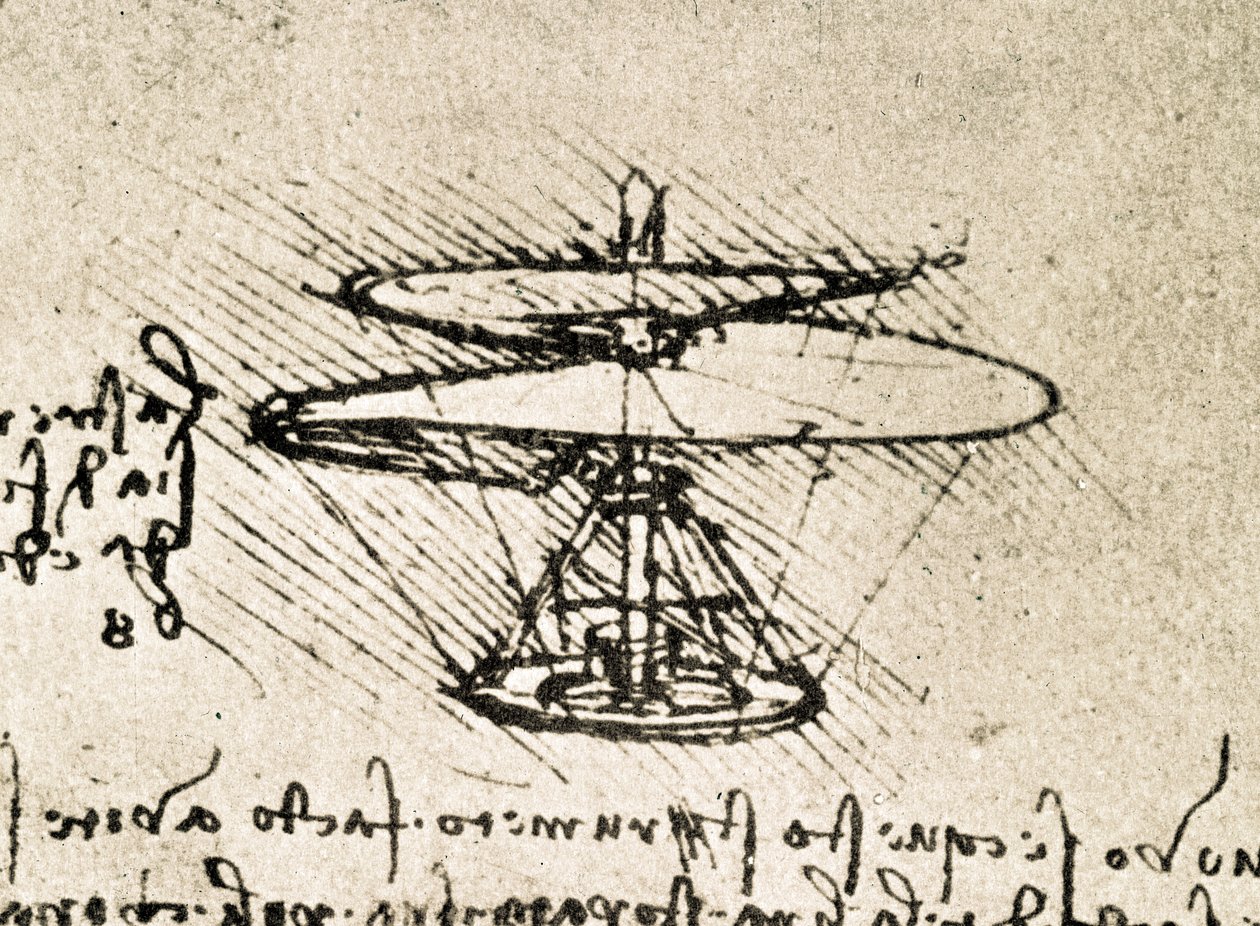 Výňatek z Da Vinciho rukopisu popisující princip a konstrukci "vzdušného šroubu (vrtulníku)" (rukopis) od Leonardo da Vinci