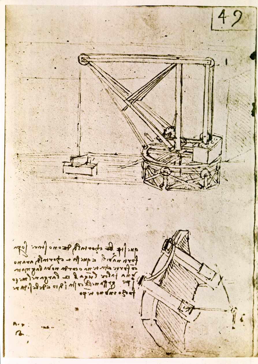 Výňatek z Da Vinciho rukopisu popisující princip a konstrukci "otočného jeřábu" (rukopis) od Leonardo da Vinci