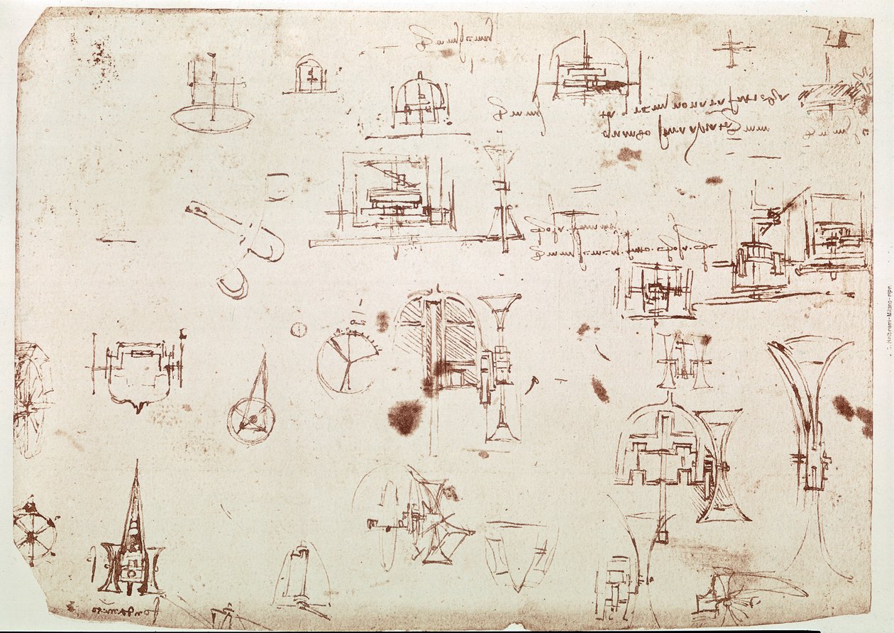 Výňatek z Da Vinciho rukopisu popisující princip a konstrukci "lodi s pohonem pomocí kol" (rukopis) od Leonardo da Vinci