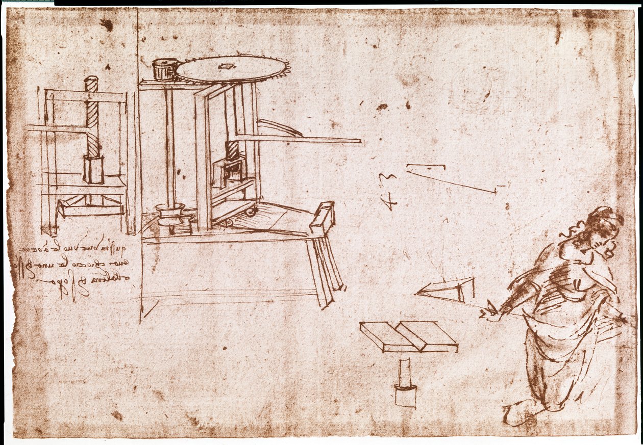 Výňatek z Da Vinciho rukopisu popisující princip a konstrukci "tiskařského stroje" pro tisk (rukopis) od Leonardo da Vinci