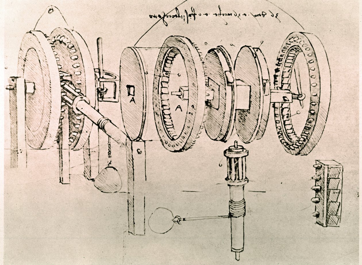 Výňatek z Da Vinciho rukopisu popisující princip a konstrukci "Transformace střídavého pohybu na pohyb spojitý" (rukopis) od Leonardo da Vinci