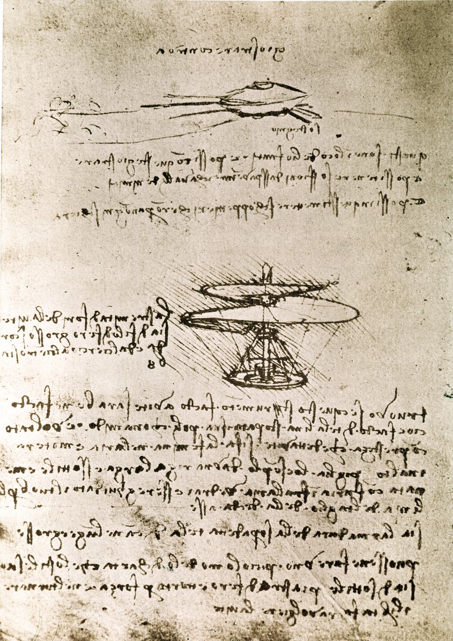 Výňatek z Da Vinciho rukopisu popisující princip a konstrukci "vzdušného šroubu (vrtulníku)" (rukopis) od Leonardo da Vinci