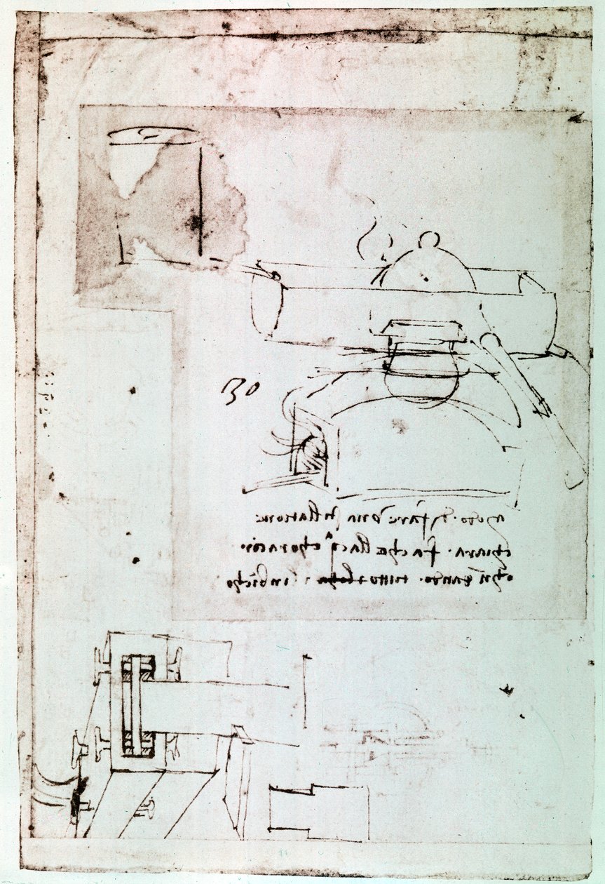 Výňatek z Da Vinciho rukopisu popisující princip a konstrukci "Destilátoru s kontinuálním chlazením" (rukopis) od Leonardo da Vinci