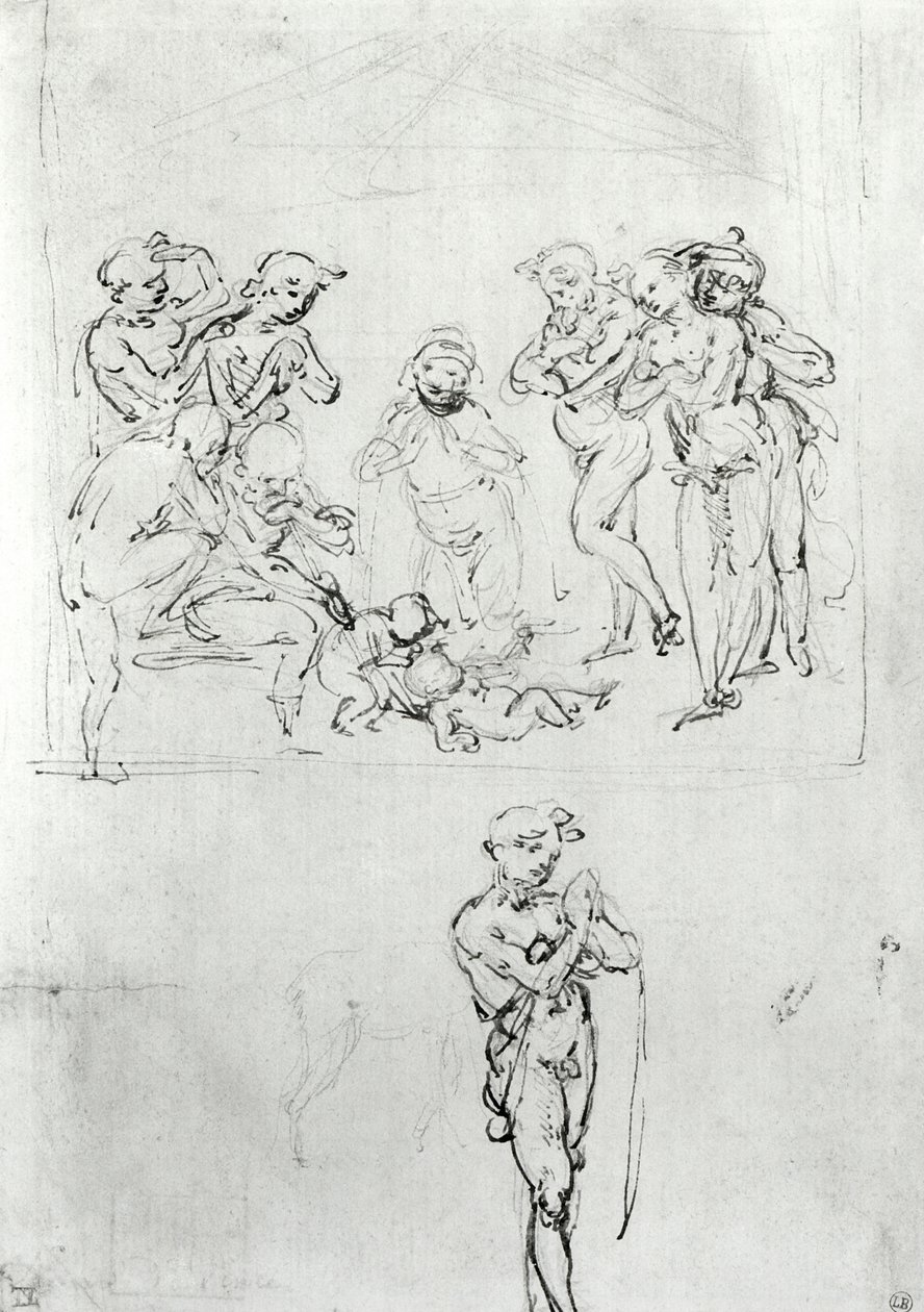 Figurální studie ke klanění tří králů, kolem 1481 (pero a inkoust a kovová jehla na papíře) od Leonardo da Vinci