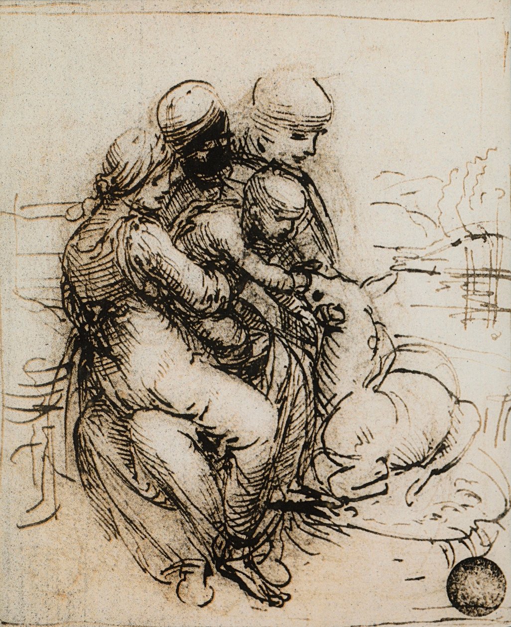 První nápad na Madonu s dítětem a svatou Annu; kresba Leonarda da Vinciho. Gallerie dell