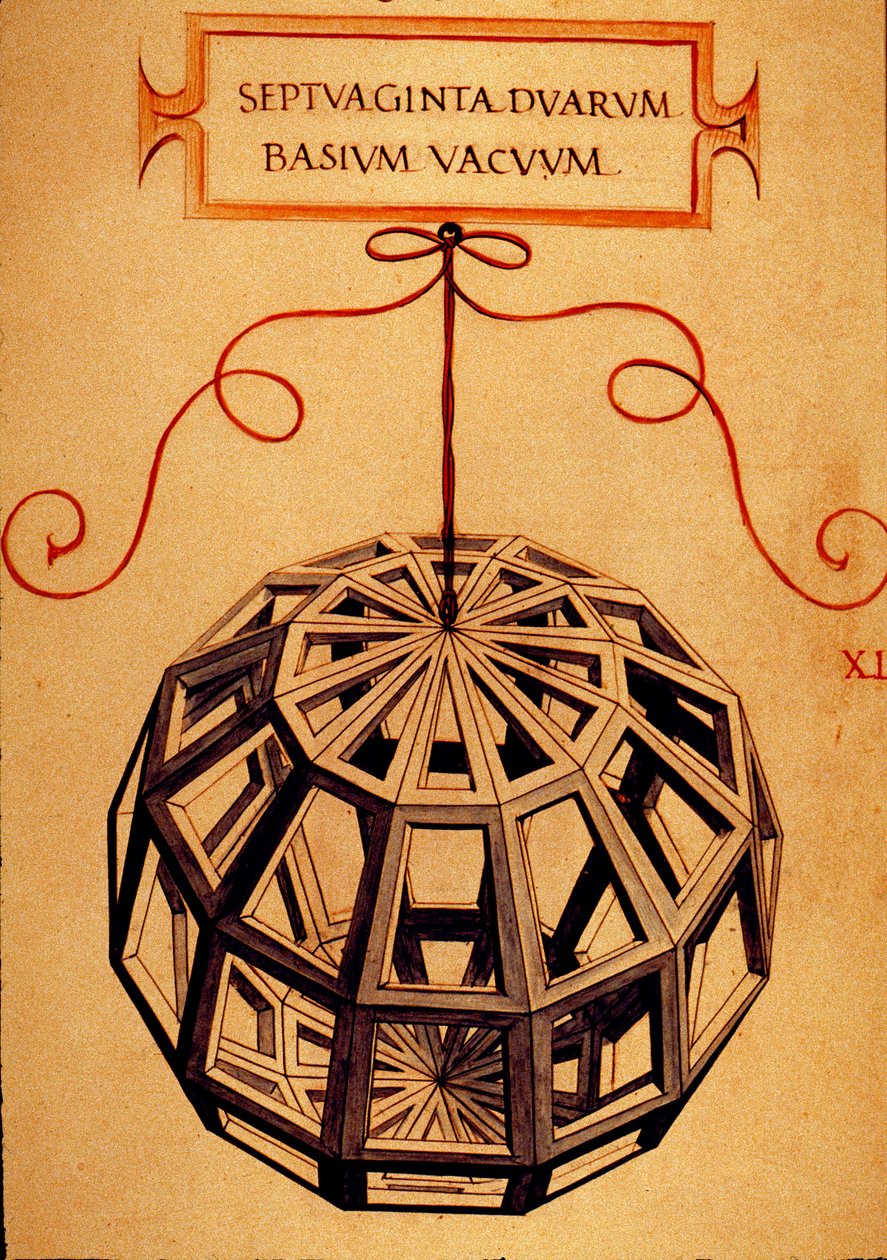 Geometrie: “” Mnohostěn”” Stránka převzatá z rukopisu “” De divina transitione”” (O božských proporcích) matematika Fra Luca Pacioli dit Luca di Borgo (1445-1517) ilustrovaná Leonardem da Vincim (1452-1519). 1509. od Leonardo da Vinci