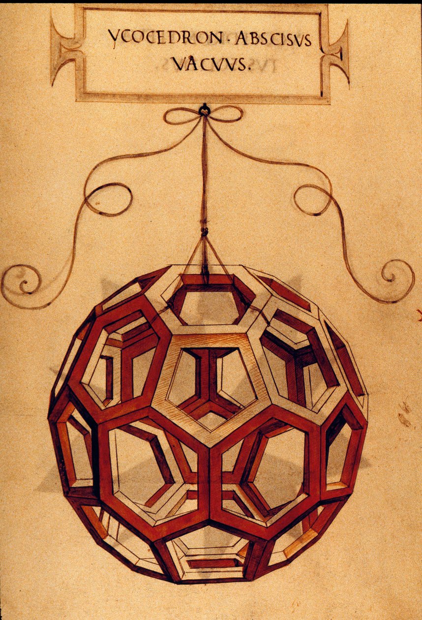 Geometrie: “” Icosahedron”” Stránka převzata z rukopisu “” De divina transitione”” (O božských proporcích) matematika Fra Luca Pacioli dit Luca di Borgo (1445-1517) ilustrovaný Leonardem da Vincim (1452-1519). 1509. od Leonardo da Vinci